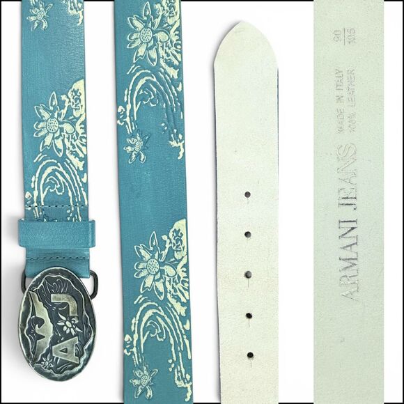 vintage armani jeans belt blue leather floral wave embossed made italy aj buckle main image 4